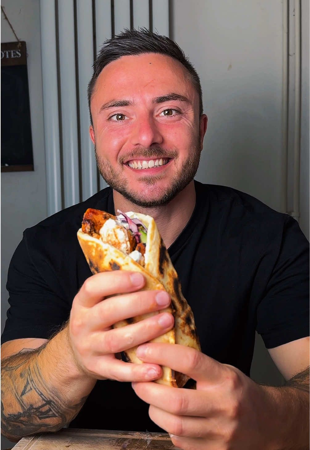 Chicken Shish Kebab 🌯 Ingredients (1 serving): 160g chicken breast 1 tbsp 0% fat Greek yogurt  1/4 tsp cumin 1/4 tsp ground coriander 1/2 tsp smoked paprika 1/2 tsp dried oregano 1/2 tsp onion powder 1/4 tsp chilli powder  1 garlic clove Salt Black pepper  Salad Hot sauce  Flatbread (1 flatbread): 60g self raising flour 60g 0% fat Greek yogurt  Garlic yogurt sauce (1 serving): 2 tbsp 0% fat Greek yogurt  2 tbsp milk 1 garlic glove 1/2 tsp dried mint  1/2 tsp dried parsley  1 tsp lemon juice Salt Black pepper ——— Method: 1. Chop the chicken into chunks, mix with the Greek yogurt, spices, garlic, salt and pepper. Marinate for 2 hours (or as long as you’ve got). 2. Mix the flour and yogurt, knead for 1-2 minutes and set aside to rest.  3. Skewer the chicken, spray with a little oil, air fry at 200 degrees celcius for 10-12 mins, until golden brown and cooked through. 4. Mix the garlic sauce ingredients and place into the fridge. 5. Roll out the flatbread dough, cook in a hot dry pan for 1-2 mins on each side. 6. Add some sauce to your flatbread, top with the salad, then the chicken and finish with more sauce. Wrap it up and enjoy, lovely! #kebab #lowcalorierecipes #familymeals #DinnerIdeas 