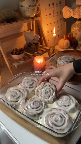 Pt.3 | My fall bakery menu 🍂 Recipe below 👇🏼  Ingredients:-  Dough  * 7 g fast acting yeast * 180 ml warm whole milk  * 50 g granulated sugar * 60 ml warm water  * ¼ tsp vanilla extract * 1 egg * 1 tsp salt * 55 g unsalted butter, melted * 480 g all-purpose flour * 55 g melted butter (for brushing) Filling * 75 g unsalted butter, room temp * 150 g brown sugar * 50 g granulated sugar * 1 ½ Tbsp ground cinnamon Glaze * 60 g cream cheese, room temp * 15 g unsalted butter, room temp * 150 g powdered sugar * ½ tsp vanilla extract * 3 to 4 Tbsp double cream (adjust for consistency)   Instructions 1. Combine yeast with warm water and a 1 tsp of the sugar. Let sit for 6 mins until foamy. 2. In a large bowl, whisk together warm milk, sugar, egg, vanilla, and melted butter. Stir in yeast mixture, then salt and flour. Mix to form a dough. 3. Knead for 8–10 minutes until elastic. Place in an oiled bowl, cover, and let rise for 1 to 1½ hours until doubled. 4. Mix butter, brown sugar, granulated sugar, and cinnamon into a paste. 5. Roll dough into a rectangle. Spread filling evenly. Roll tightly from the long edge and cut into slices  6. Arrange rolls in a greased baking pan. Cover and rise for 30–45 minutes. 7. Preheat oven to 175°C. Brush rolls with melted butter and bake for 20–25 minutes or until golden brown. 8. Beat cream cheese, butter, powdered sugar, vanilla, and double cream until smooth and pourable. 9. Spread glaze over warm rolls.  Enjoy! 🤎 #baking #cinnamonroll #Recipe #cinnamonrolls #fall 