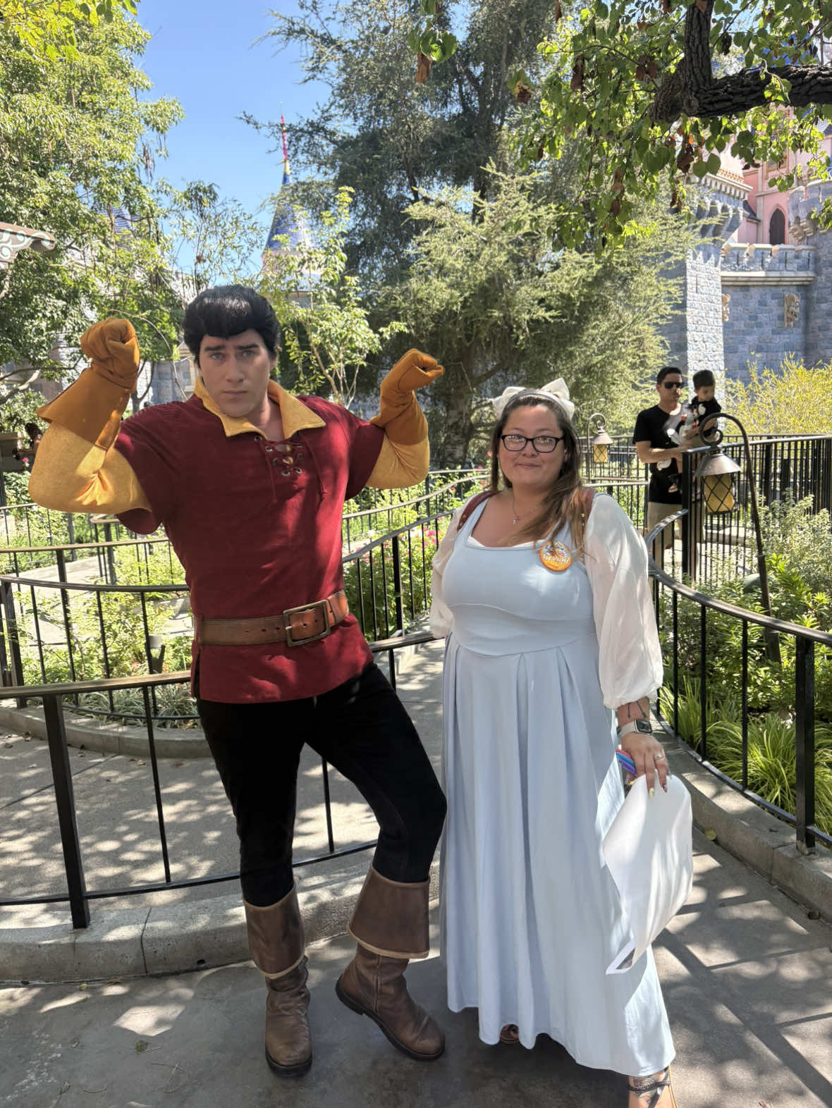 Gaston did not approve of my backpack 😅 #fyp #disneyland #anaheim #california #gaston #villian #beautyandthebeast #viral #trending #newcontent #newcontentcreator #themepark #disney 