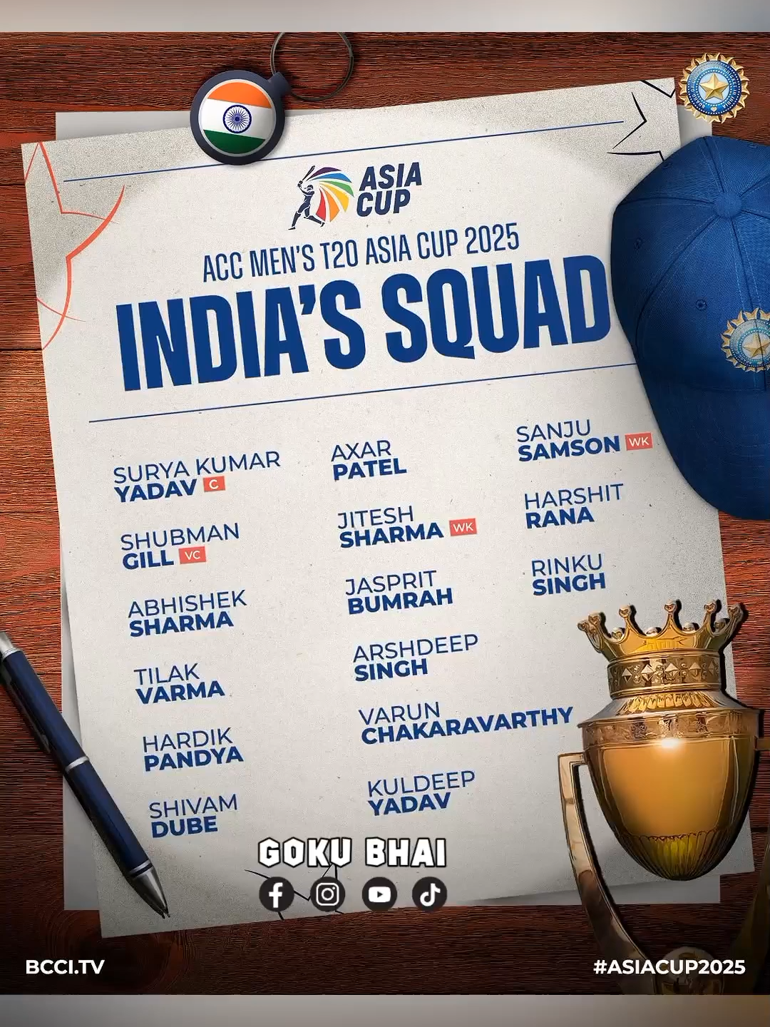 India Squad For Asia Cup 2025 🔔😎 #shubmangill #viratkohli #rohitsharma #gokubhai #asiacup #india