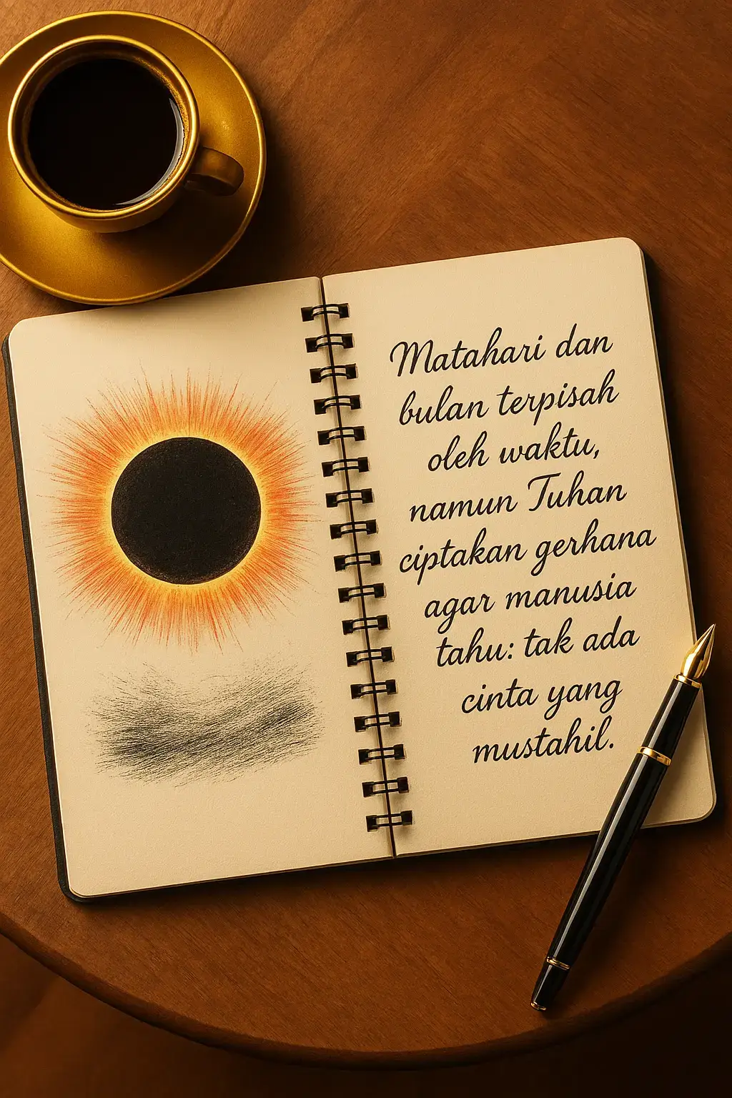 Kalimat tersebut adalah sebuah metafora yang indah tentang cinta, waktu, dan takdir. ✨ Penjelasan makna: Matahari dan bulan menggambarkan dua hal atau dua insan yang sangat berbeda, bahkan mustahil untuk selalu bersama karena perbedaan “waktu” atau keadaan. Terpisah oleh waktu berarti ada jarak, rintangan, atau keadaan yang membuat keduanya sulit bertemu. Gerhana adalah momen langka ketika matahari dan bulan bisa bertemu dalam satu garis pandang. Ini dianalogikan sebagai kesempatan istimewa yang diciptakan Tuhan untuk mempertemukan dua hal yang tampak mustahil bersatu. Tak ada cinta yang mustahil adalah pesan utama: betapapun sulitnya, jika Tuhan menghendaki, cinta akan menemukan jalannya. 🌙☀️ Jadi, kata tersebut mengajarkan harapan, keajaiban cinta, serta keyakinan bahwa keterpisahan bukanlah akhir, melainkan jalan menuju pertemuan yang penuh makna. #quotes #story #fypage 