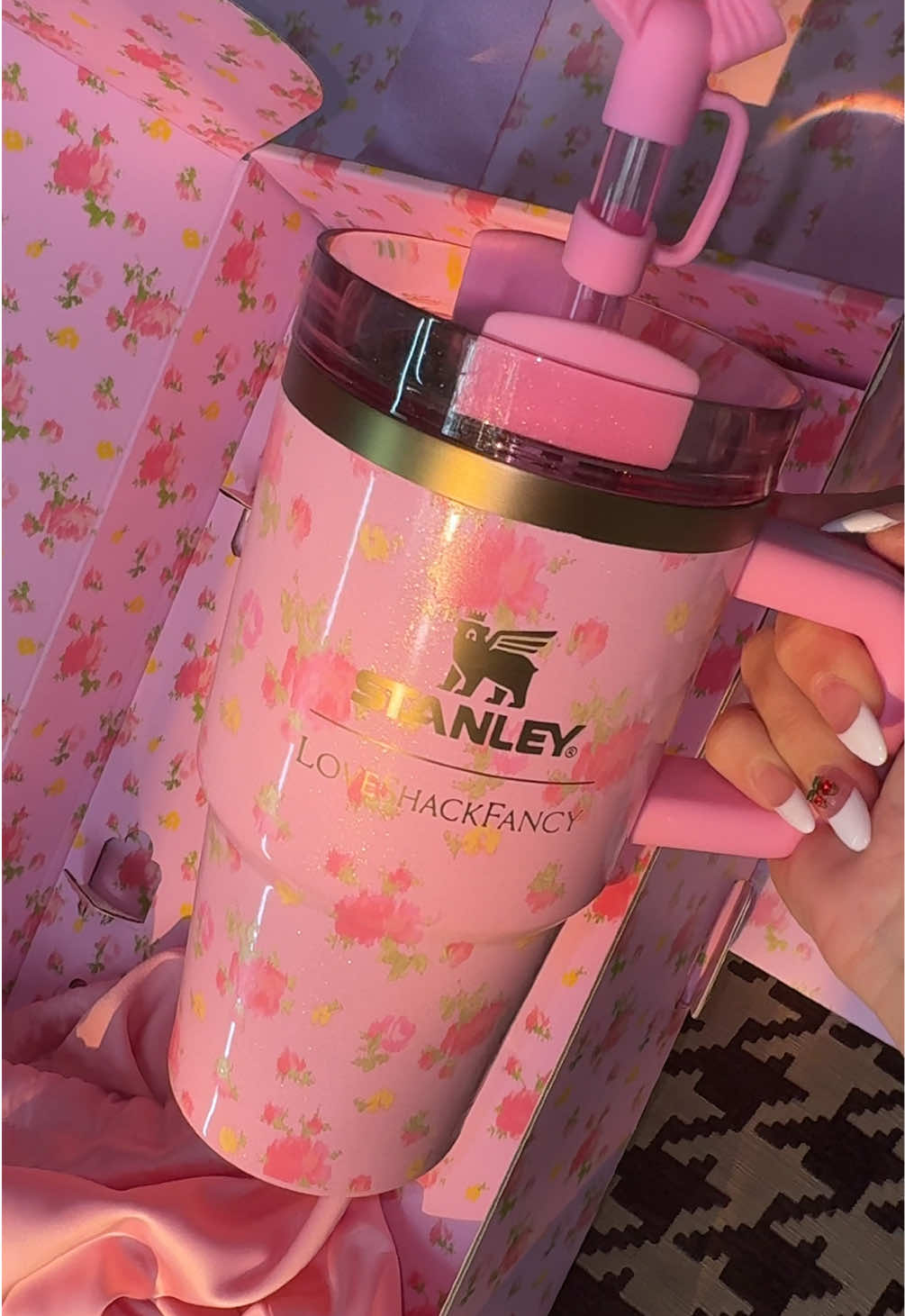 This is the prettiest cup I have ever owned. Did anyone else buy the @LoveShackFancy x @Stanley Brand launch?  #coquette #stanleytumbler #shoppinghaul #loveshackfancy #girlythings 