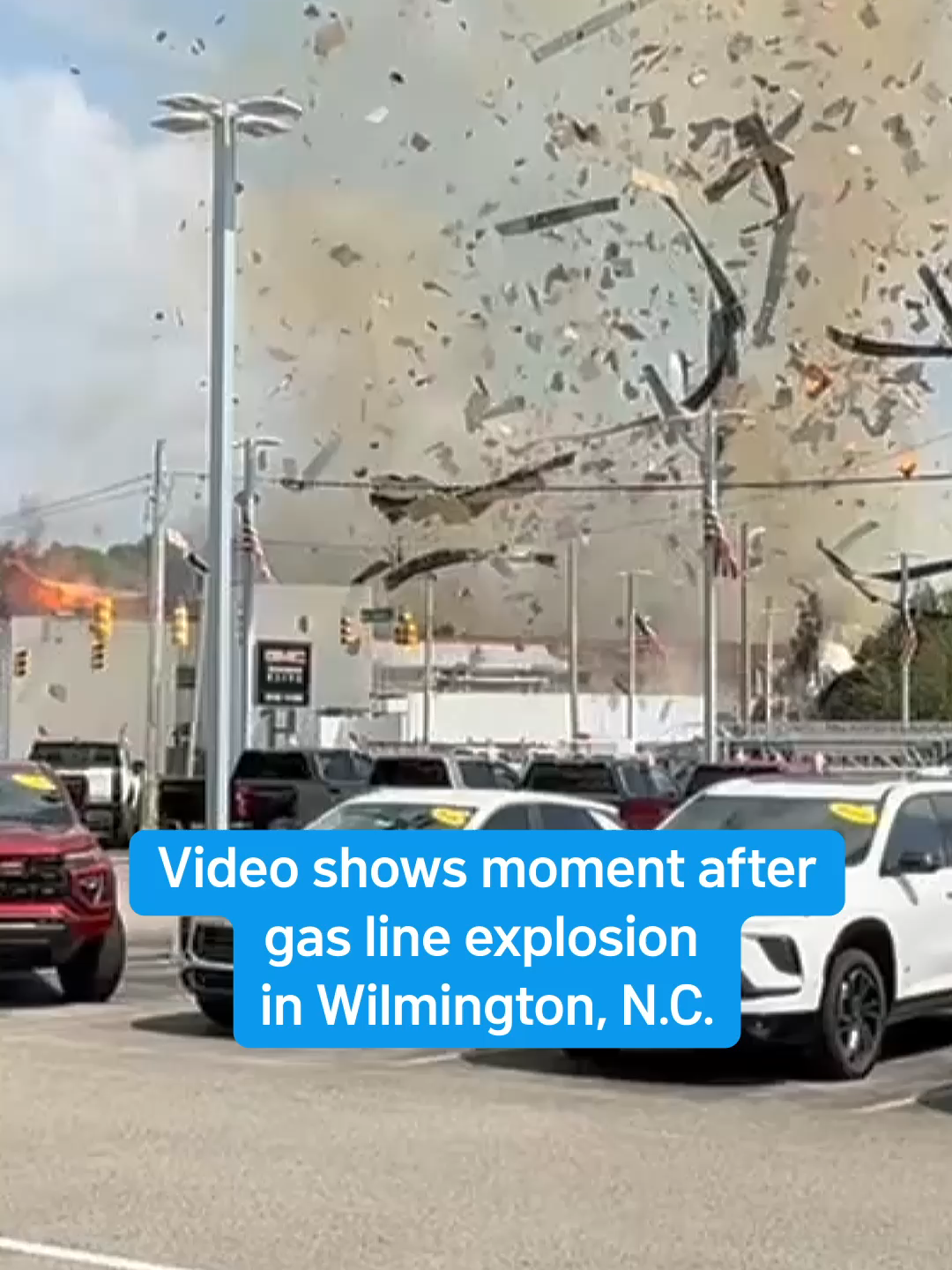 Dramatic video captured the moment a gas line exploded in Wilmington, North Carolina. Debris and massive plumes of black spoke filled the air after the explosion, which happened at a veterinary hospital. Three firefighters were injured.