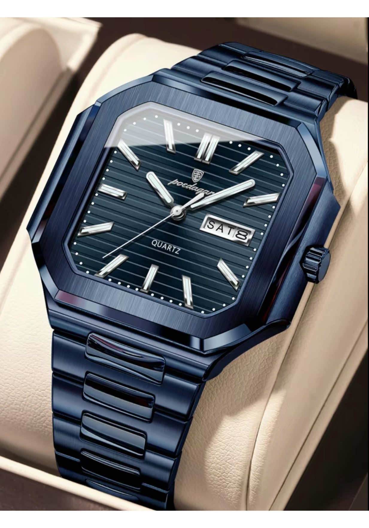 Poedagar square luxury fashion men's waterproof quartz watch, with luminous date and day display, stainless steel men's watch