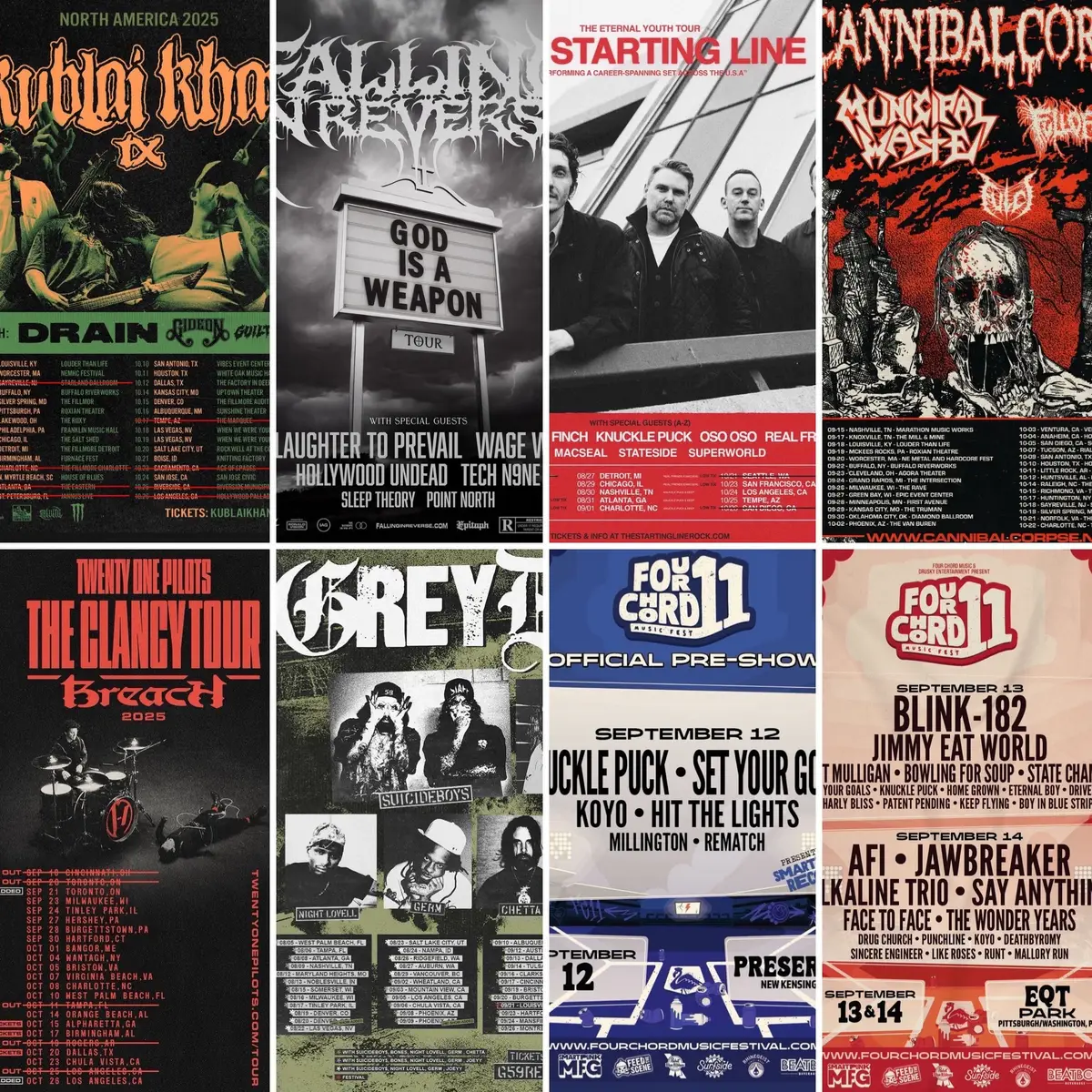 - THE STARTING LINE w/ Real Friends - FOUR CHORD PRE SHOW fr. Knuckle Puck, Hit The Lights +MORE - FOUR CHORD MUSIC FESTIVAL ft. blink-182, Jimmy Eat World, AFI, Jawbreaker, Alkaline Trio, Bowling For Soup +MORE - FALLING IN REVERSE w/ Slaughter To Prevail, Hollywood Undead +MORE - CANNIBAL CORPSE w/ Municipal Waste - $UICIDE BOY$ - KUBLAI KAHN w/ Drain, Gideon - TWENTY ONE PILOTS #blink182 #twentyonepilots #fallinginreverse #musicfestival  #concerts 