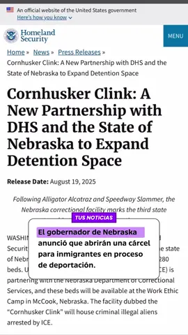 🚨El gobernador Jim Pillen anunció que en McCook abrirán una cárcel para inmigrantes en proceso de deportación. El centro, en una zona agrícola, tendrá capacidad para 200 personas y podría ampliarse a 300. La medida se da en coordinación con el Gobierno de Trump y el Departamento de Seguridad Nacional. 📌Crédito: Wikimedia Commons/DHS.gov #Nebraska #Inmigracion #Deportaciones #ICE #NoticiasInmigrantes #Migrantes