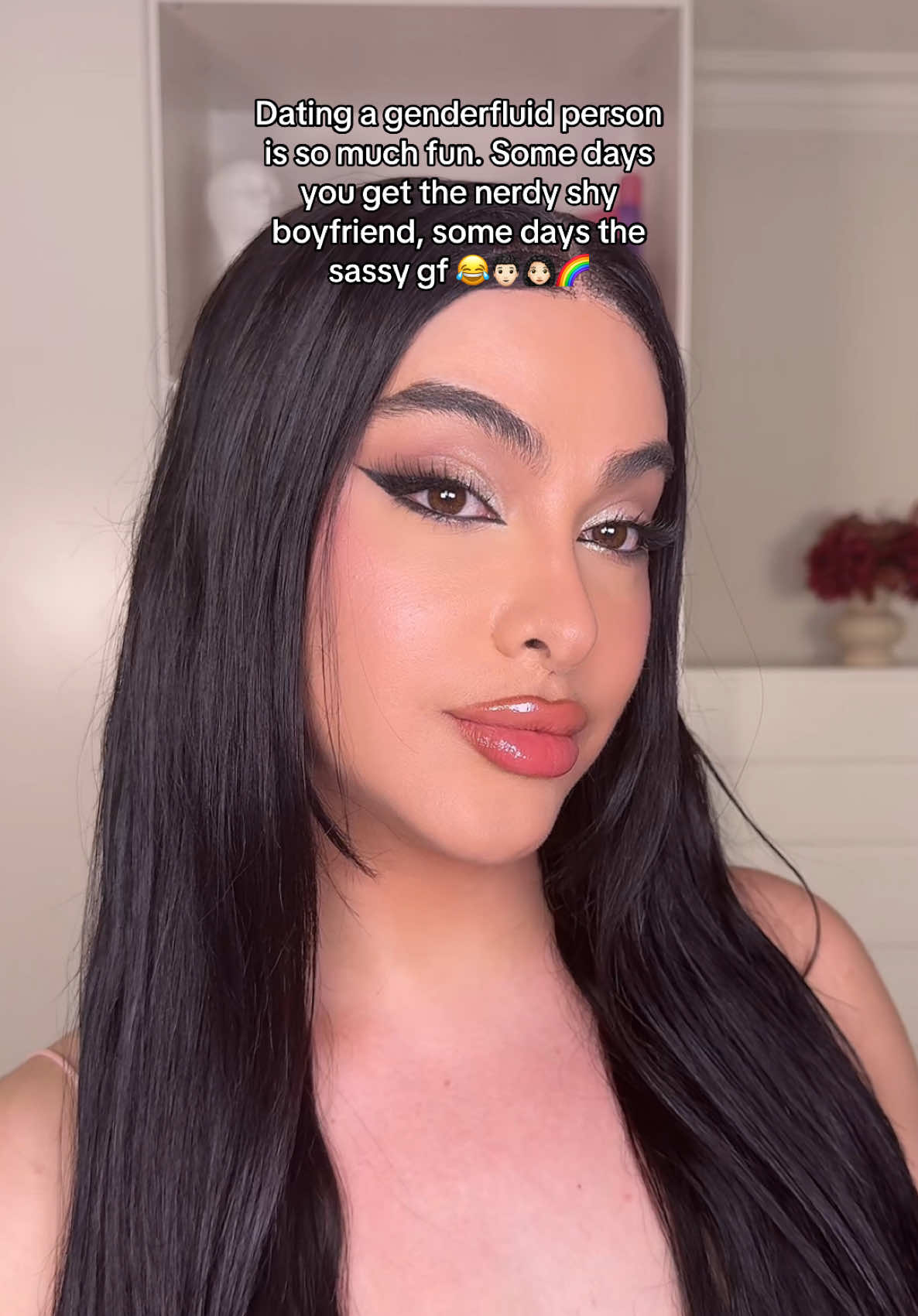 Dating a genderfluid person is so much fun. Some days you get the nerdy shy boyfriend, some days the sassy gf 😂🧑🏻‍🦱👩🏻‍🦱🌈 @Calvin Klein @nyxcosmetics_uk  #makeuptransformation #nonbinary #genderfluid 