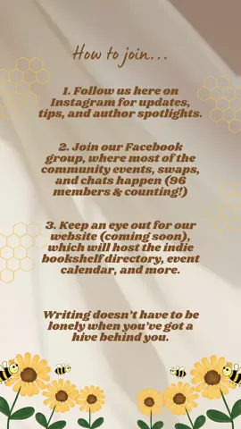 ✨ Come join the hive! Whether you’re looking for writing tips, marketing help, swap partners, or just other indie authors to connect with — this is your place. Our main community is in our F@cebook group (same name & linked in bi0), but you’ll also find updates, events, and spotlights right here.  👏🏻 Website coming soon! Let’s build something amazing together. 🐝  #indieauthor  #indieauthors  #selfpublishing  #indiepublishing  #writertok 