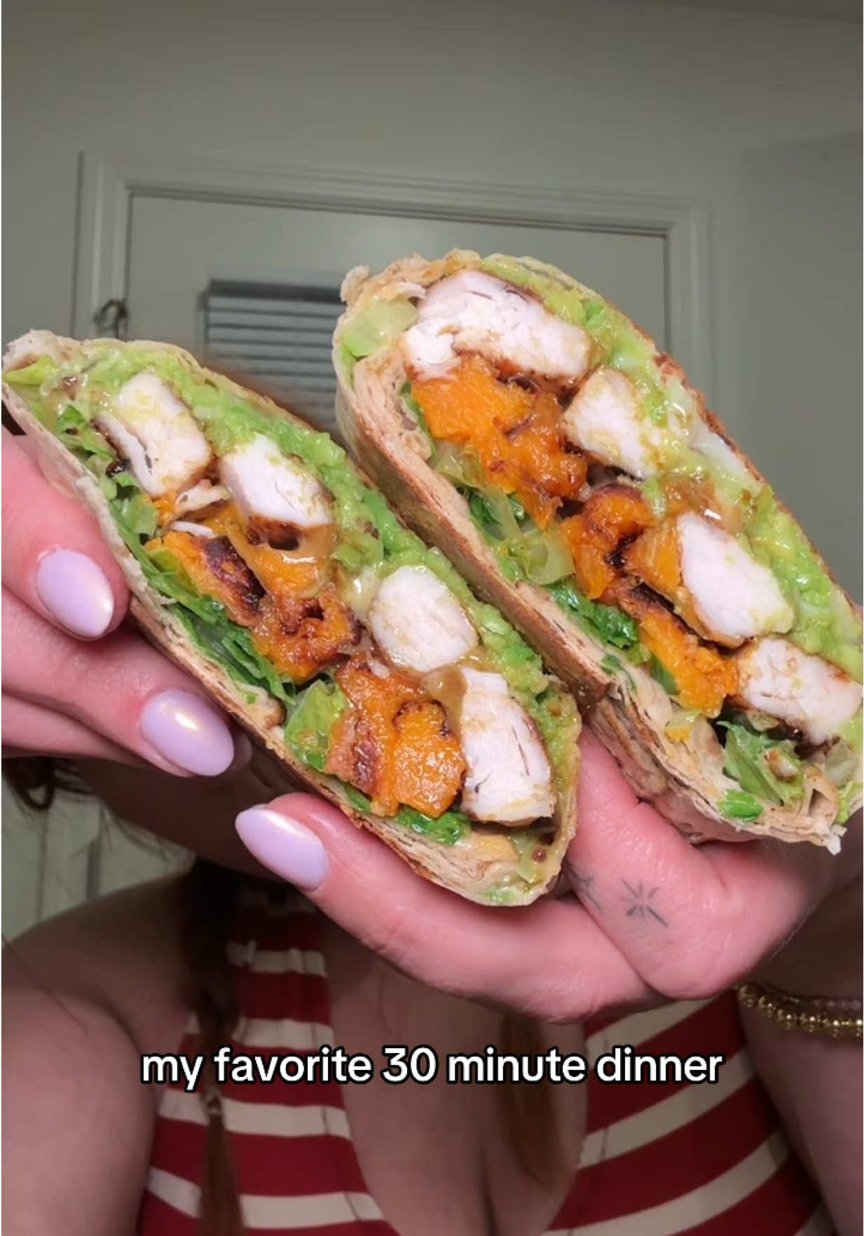honey mustard chicken wraps 🤤 recipe: cut chicken breast into strips and mix with a 1:1 ratio of your fave mustard(s), honey & s+p then bake or air fry on 420 for 20-23 minutes  for sweet potatoes i like to cut into a fry shape and coat in avocado oil and bake at 420 for 25 minutes  then i made a honey mustard sauce by mixing mustard, mayo and honey i also mashed a bit of avocado with lemon juice and salt in an lavash wrap, i added pepper jack cheese and all my other toppings, wrapped and got it a bit crunchy in a pan! #EasyRecipe #DinnerIdeas #healthyrecipes #highprotein #dinnerwithme 