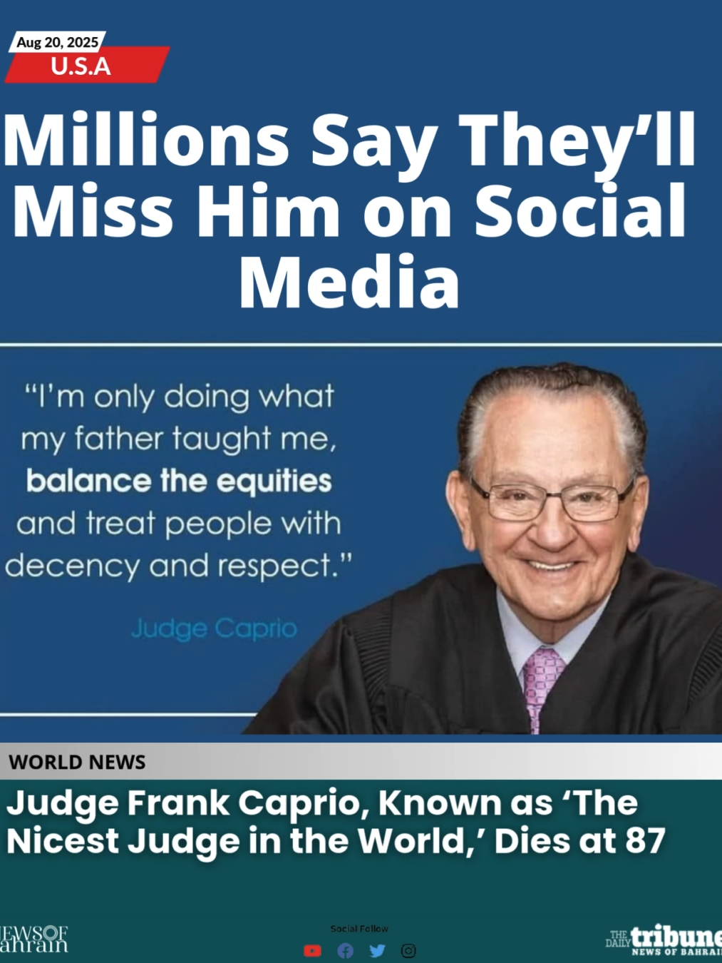 ✨ Farewell to Judge Frank Caprio ✨ The beloved Rhode Island judge, known to millions as the “Nicest Judge in the World,” has passed away after a battle with pancreatic cancer. From his Emmy-nominated show Caught in Providence to his heartfelt moments shared on social media, Judge Caprio touched lives around the globe with kindness, empathy, and compassion in the courtroom. ⚖️ 🔗Read More - www.newsofbahrain.com #NewsofBahrain #news #Bahrain #Manama 4m