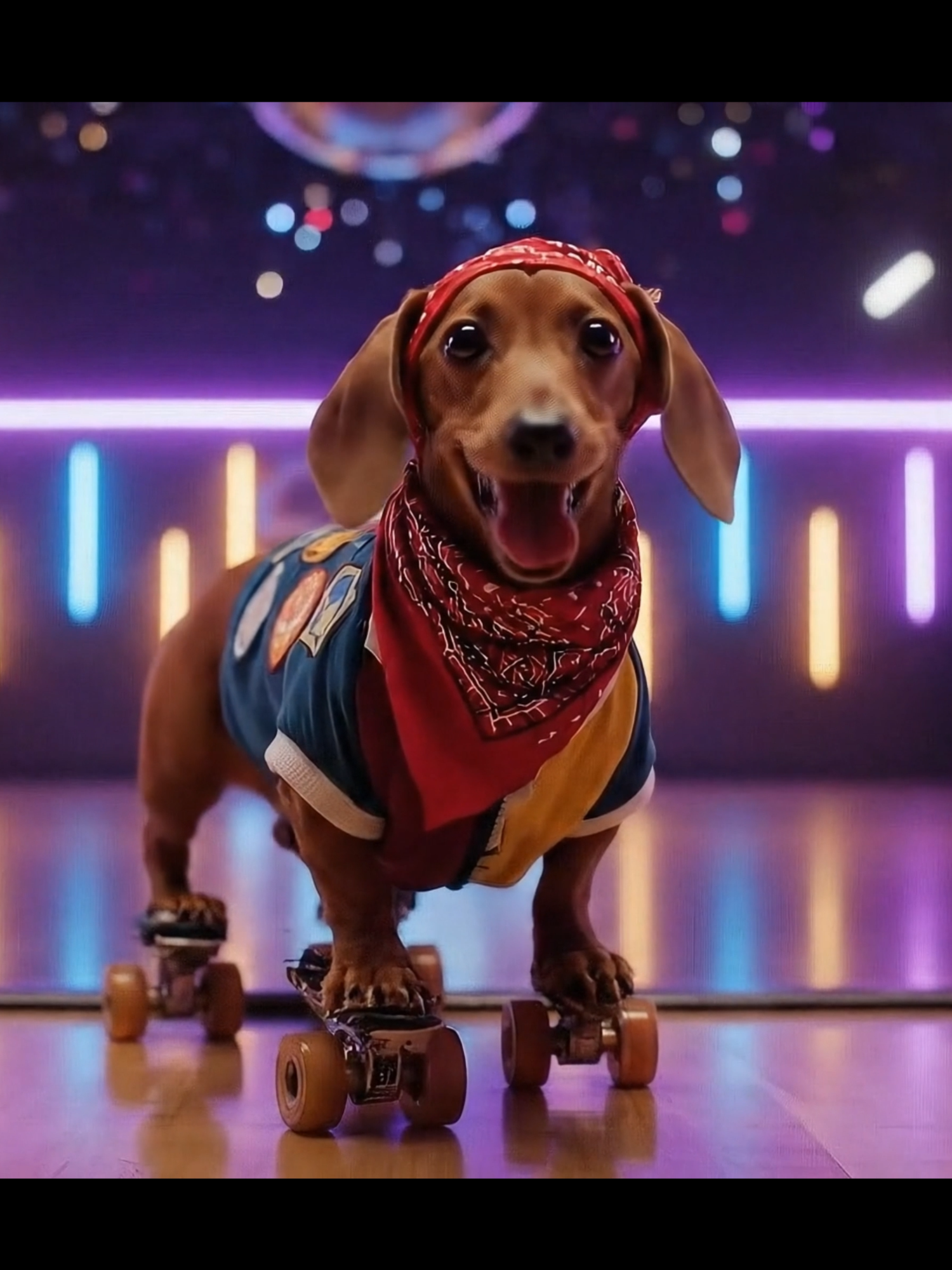 Coco has a night out of fun!... #fyp #doxie #Ai #puppytiktok #funnyanimals #dachshund #foryoupage #foryou #fun #rollerskating #arcade #nastalgia #dogsoftiktok #puppy #olddays
