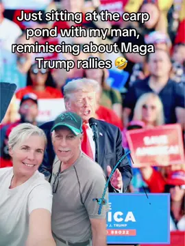 I’m spending the evening with my man at the carp pond. He wanted to go fishing and I said ,“ ok honey”.  Then I said let’s take a picture babe for my TikTok and it was so funny. I said it’s like we’re at a Trump rally at the fishing pond 🤣 🤣🤣.  It was funny to me anyway 🙄🤩🤣##trump##presidenttrump##maga##trumpmemes##fishpond@@President Donald J Trump