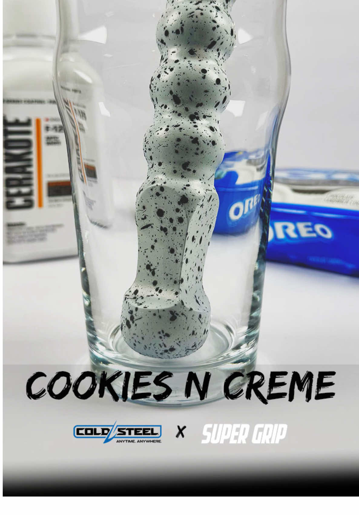 Any guesses what this is? 👀 (Hint: it’s not what your first thought was. Or maybe it is… 🍪🥛) We gave this Cold Steel Koga a “Cookies n Cream” treatment using F-125 Arctic White as the base and added SG-200 Super Grip splatter for that textured crunch. Inspired by milk-dipped Oreos and built for high-performance defense—with a sweet twist. #Cerakote #CookiesNCream #SG200 #F125 #ColdSteel           
