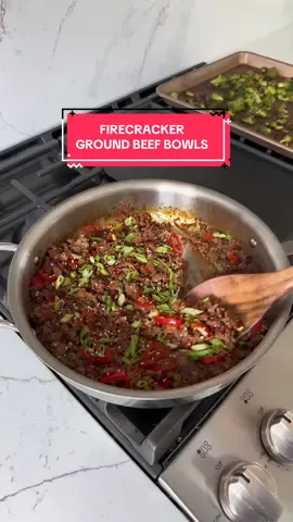 & it takes less than 30 min!!! recipe 👇🏻 firecracker ground beef bowls 🌶️🔥🍚 What you’ll need:  1 lb lean ground beef 1 tbsp avocado oil 5 mini red bell peppers, sliced into thin rings  For the sauce: 1/3 cup low-sodium soy sauce 3 tbsp brown sugar 3 tbsp sriracha 1 tbsp rice vinegar 1/2 cup beef broth 2 tsp fresh ginger paste 1 tsp chili flakes (adjust for heat) 2 tsp cornstarch for serving:  Cooked broccoli  Choice of cooked rice  Sesame seeds  Sliced green onions Instructions:  1. Heat oil in a large skillet over medium-high heat. Add ground beef, breaking it up with a spatula.  2. Cook 6-8 minutes until browned. Add the sliced bell peppers and saute for a couple more minutes.  3. In a small bowl, whisk soy sauce, beef broth, brown sugar, sriracha, rice vinegar, garlic, ginger, and corn starch.  4. Pour the sauce over the cooked beef and peppers, then stir. Let it simmer 2-3 minutes until thickened.  5. Now it’s time to assemble! Add your choice of veggie and rice to the bowl and top with sesame seeds and freshly sliced green onion. Enjoy! #easyweeknightdinner #weeknightdinnerideas #healthydinneridea #healthydinnerrecipe 