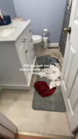 He used all the towels, the floor is flooded, he didn’t close the curtains or hang another towel up, and his clothes are on the floor NEXT TO a laundry basket😞 #real #brother #shower #foryoupage #littlebrother 