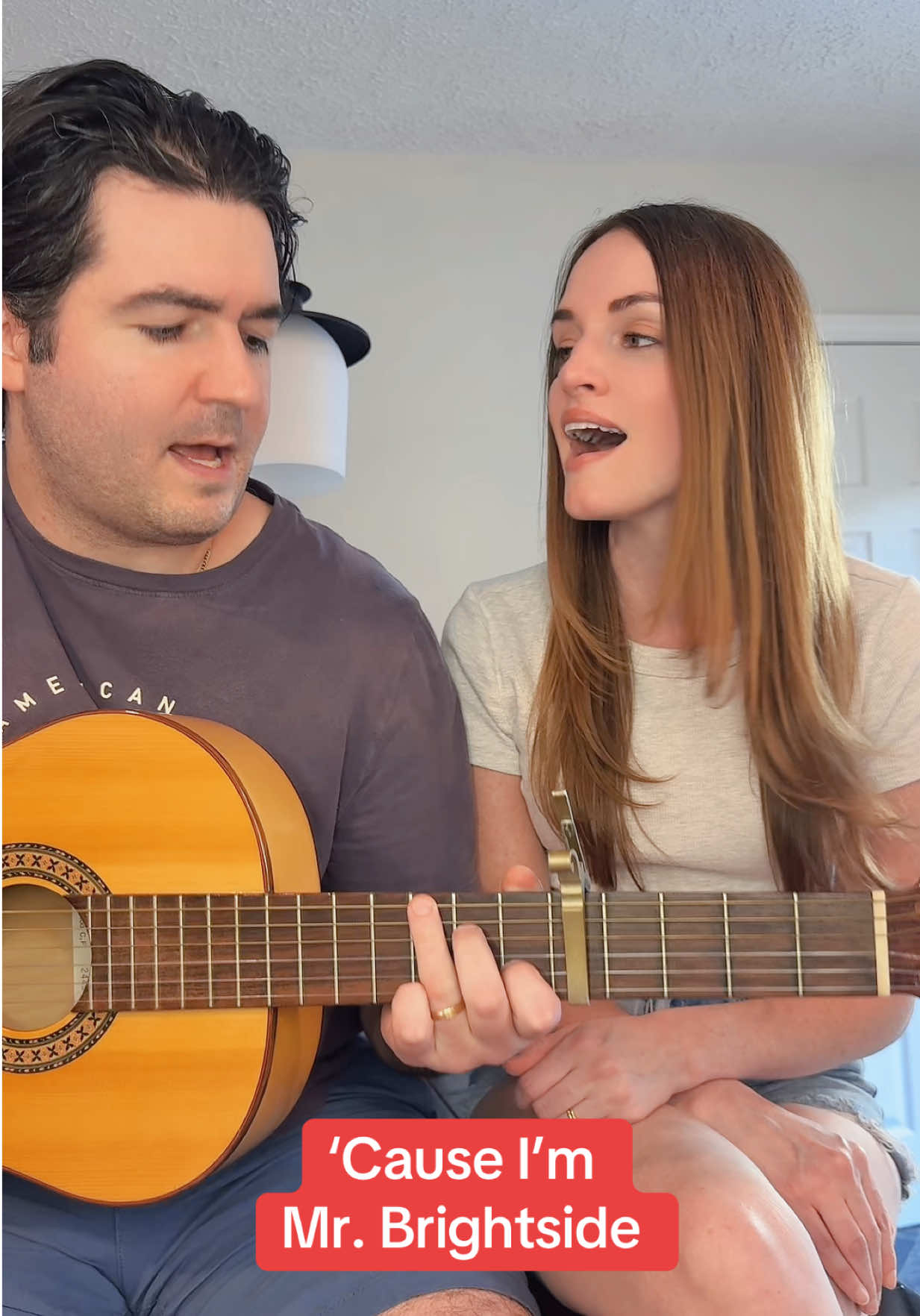 We slowed it way down. Turns out Mr. Brightside hits even harder in a quiet kitchen. ❤️ cc: @The Killers #mrbrightside #acousticcover #kitchenconcert #acousticduo #2000smusic
