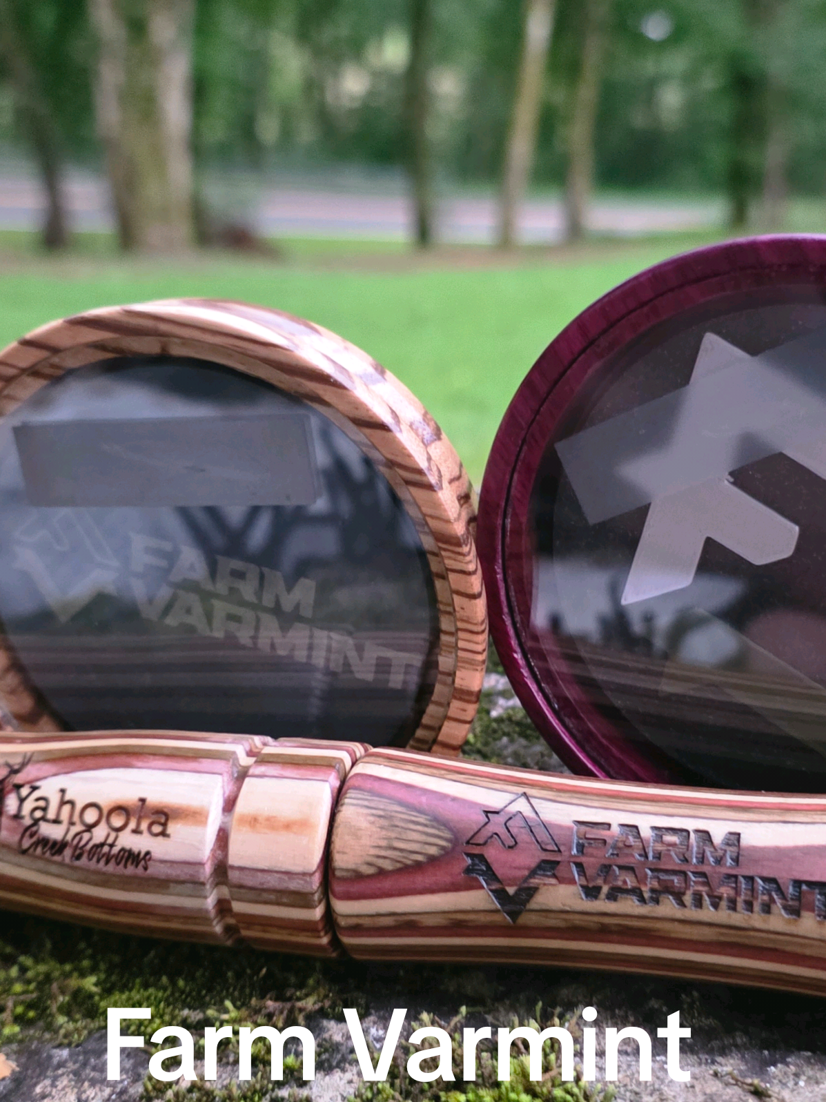 Finished this awesome set up for a feller that runs @FarmVarmint.  Turned out pretty dang sick! Purple heart Pot Etched Glass over Custom PLA logo Zebrawood Pot Etched Glass over Custom logo Engraved Slate Laminate Deer Grunt Barrel with metal reed Appreciate you trusting in me to design and come up with this awesome looking Bundle.