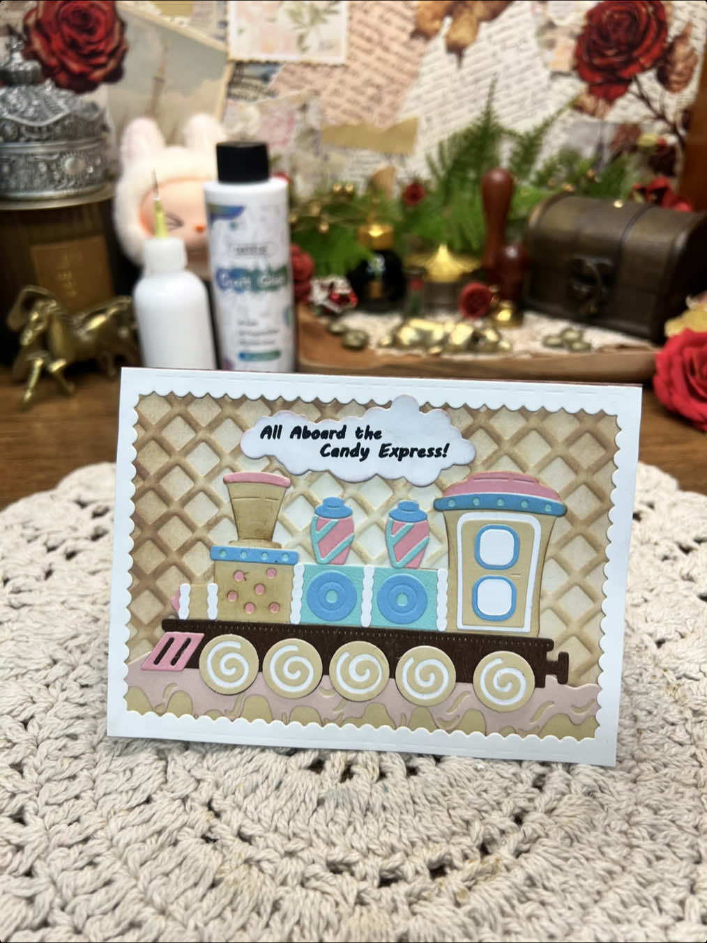 All aboard the Candy Express! 🍬 This card was such a treat to make! . If you’re a crafter… you need to check out Obsede Craft Glue! The fine tip dries clear & fast, and the tiny applicator made gluing all these little die-cut pieces sooo easy! #cardmaking #scrapbooking #asmrreels #stamperia #reels @Stamperia 