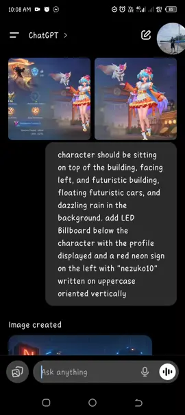 Try nyo 😍 CHATGPT - character should be sitting on top of the building, facing left, and futuristic building, floating futuristic cars, and dazzling rain in the background. add LED Billboard below the character with the profile displayed and a red neon sign on the left with 