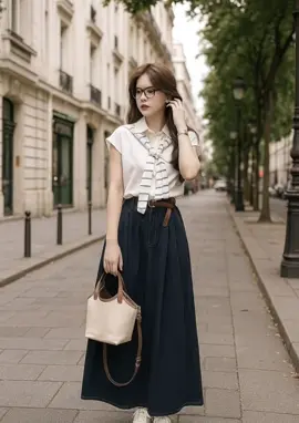 Đủ size từ 38-70kg tặng khăn+thắt lưng sét 4 món áo sơ mi phối chân váy jean dài#xuhuongtiktok #váyxinh 