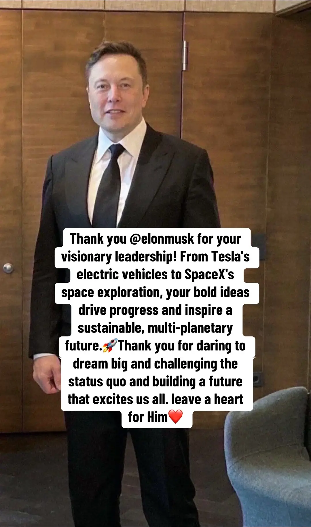 Thank you @elonmusk for your visionary leadership! From Tesla's electric vehicles to SpaceX's space exploration, your bold ideas drive progress and inspire a sustainable, multi-planetary future.🚀Thank you for daring to dream big and challenging the status quo and building a future that excites us all. leave a heart for Him❤️#elonmusk#usa#tik_tok#germany#mega#australia#viral 