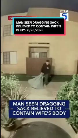 Doorbell camera footage shared with KTLA 5 News shows a man in Lancaster, California, dragging a NIG large sack or sheet that investigators believe ontained the body of his wife. The sack, along with O the body of Sheylla Cabrera, was discovered on DY August 16 in the Angeles National Forest. A second part of the video shows the person of interest, Jossimar Cabrera, being taken into custody in Peru. (KTLA viewer video) #ktla #News #fyp #viral #now 