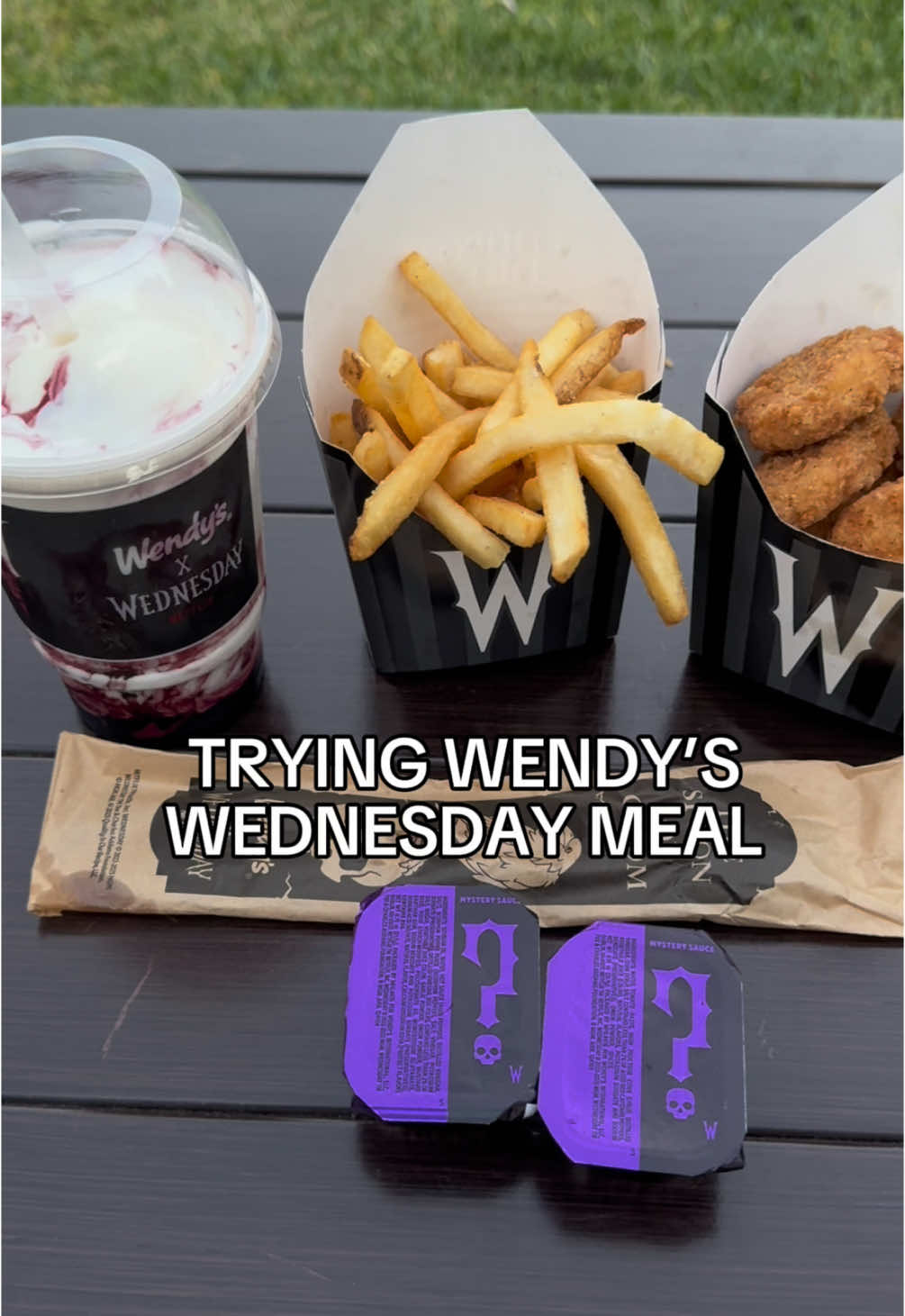 Trying Wendy’s Wednesday Meal ☠️ #wendys #fyp #wednesday #wednesdaynetflix #commentary #wednesdaymeal #food #foodreview #fastfood #review #scary #fries #chicken #chickennuggets #nuggets #frosty #cherry #icecream #milkshake #honestreview #rating #firsttime #reaction #mukbang #spicy #sauce #saucy #hotsauce #mystery #healthy #america #diet #halloween #spooky #Summer #summervibes #burger #roast 