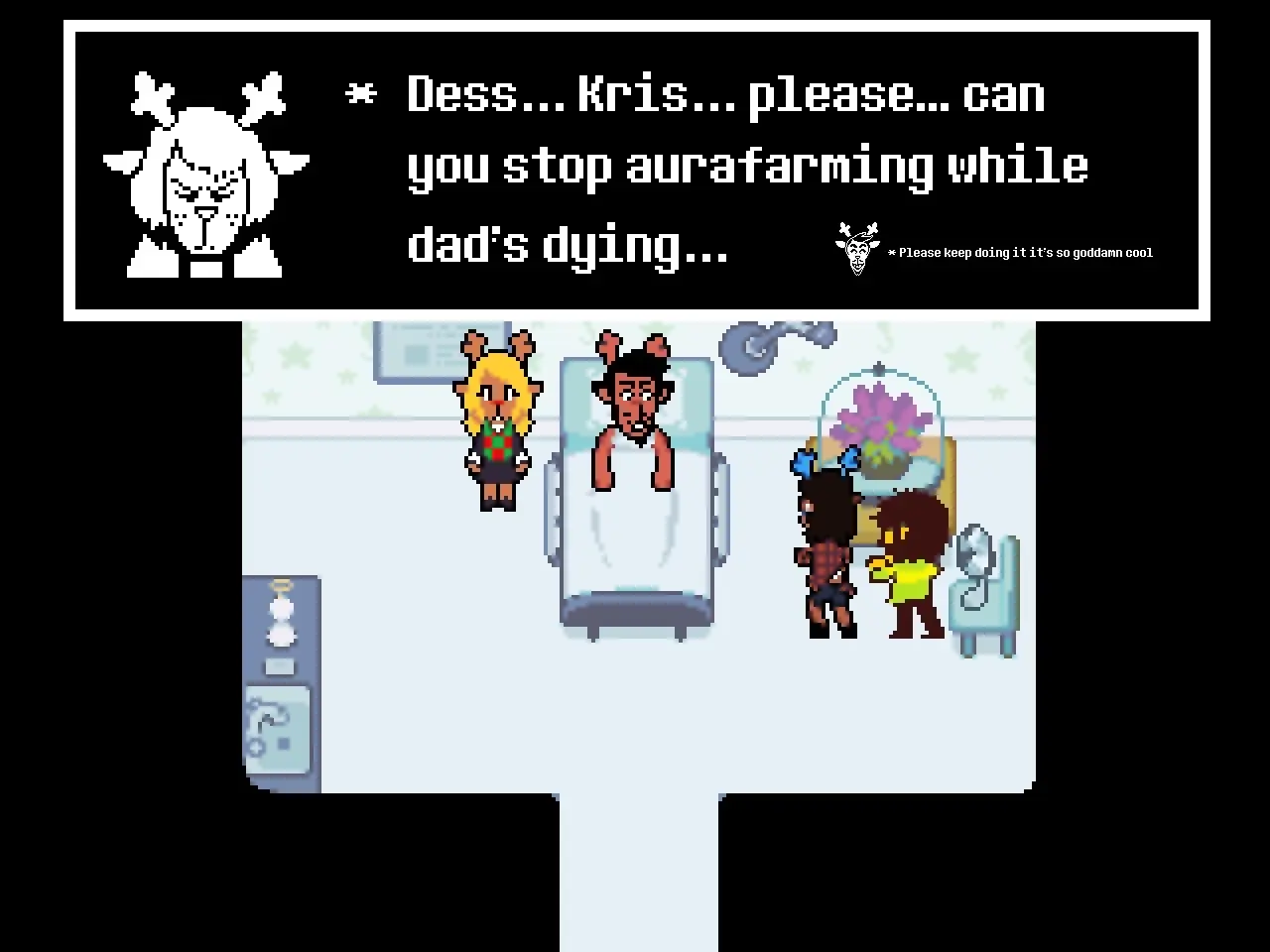 On today’s episode of deltaslop, Kris and dess aurafarm as Rudy holiday dies. #deltarune #undertale #dess #kris #tobyfox 