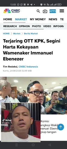 Komisi Pemberantasan Korupsi (KPK) melakukan Operasi Tangkap Tangan (OTT) terhadap Wakil Menteri Ketenagakerjaan Immanuel Ebenezer alias Noel pada Rabu (20/8/2025) malam. “Benar,” kata Wakil Ketua KPK Fitroh Rohcahyanto saat dikonfirmasi Kompas.com, Kamis (21/8/2025). #info #berita #kpk #trending #fyp 