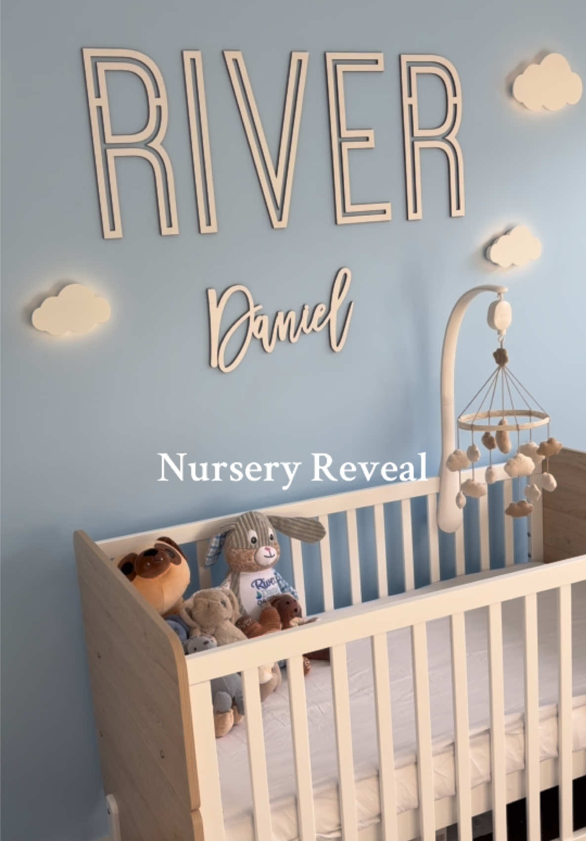 Our favourite room in the house 🩵 companies listed below for where our items were purchased from 🤩 #nursery #nurseryreveal #babyboy #fyp #babytiktok @Boori - cot @babyhood Australia - changing pad @Mamas & Papas UK - mobile @TempleandWebster - chest of drawers @kmart australia - ball pit, bookshelves and ottoman @bigw - cloud night lights @Etsy - name sign @iL Tutto - rocking chair @Munchkin and Bear - play mat