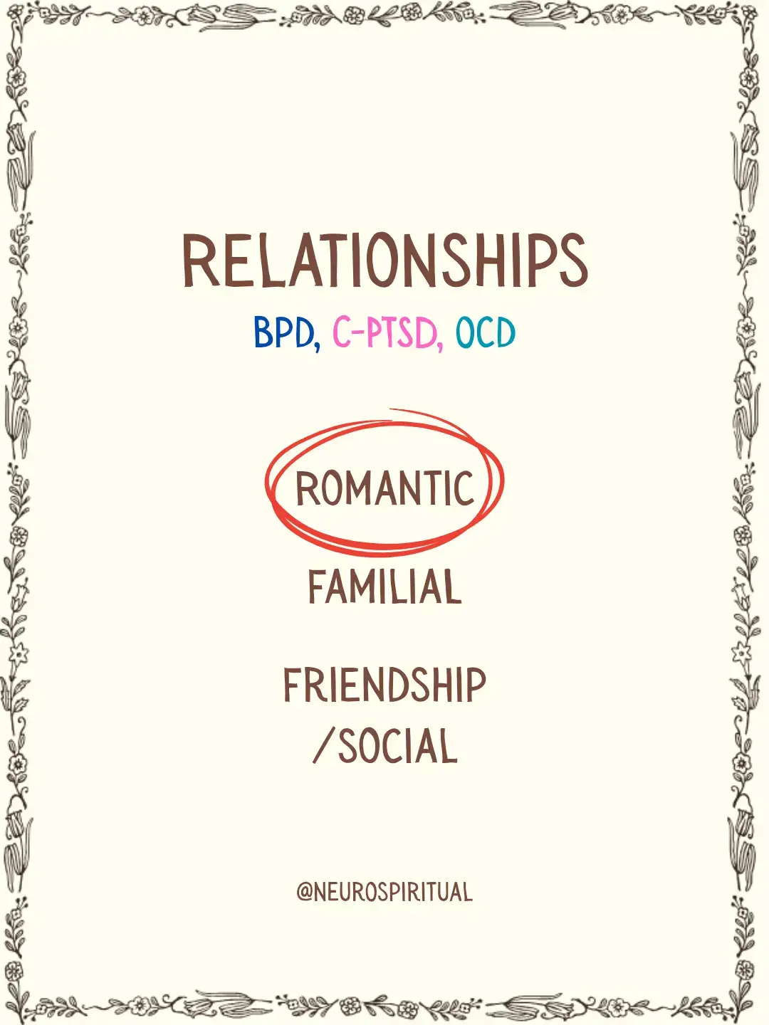 RELATIONSHIPS IN BPD, C-PTSD & OCD part 1 of 3: romantic - NEEDS in a romantic relationship.  - CHALLENGES in a romantic relationship.  - TRIGGERS in a romantic relationship.  - COPING in a romantic relationship.  - SUPPORTING in a romantic relationship.  not necessarily a comparison- just a FEW symptoms/traits/behaviours that align with borderline personality disorder, complex post traumatic stress disorder, & obsessive compulsive disorder.  ☁️❤️‍🩹🌱  #bpdrecovery #bpdawareness #cptsdawareness #cptsd #ocd 