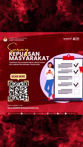 #temanpemilih bantu mimin yuk, isi Survey Kepuasan Masyarakat terhadap pelayanan publik Komisi Pemilihan Umum Kabupaten Sorong tahun 2025, dengan cara scan QR diatas atau melalui link : bit.ly/SKMKPUKabupatenSorong Masukkan dan tanggapan melalui survey ini sangat berarti loh bagi KPU Kabupaten Sorong untuk meningkatkan mutu dan pelayanan terhadap masyarakat. jangan lupa share ke #temanpemilih yang lain juga yah...