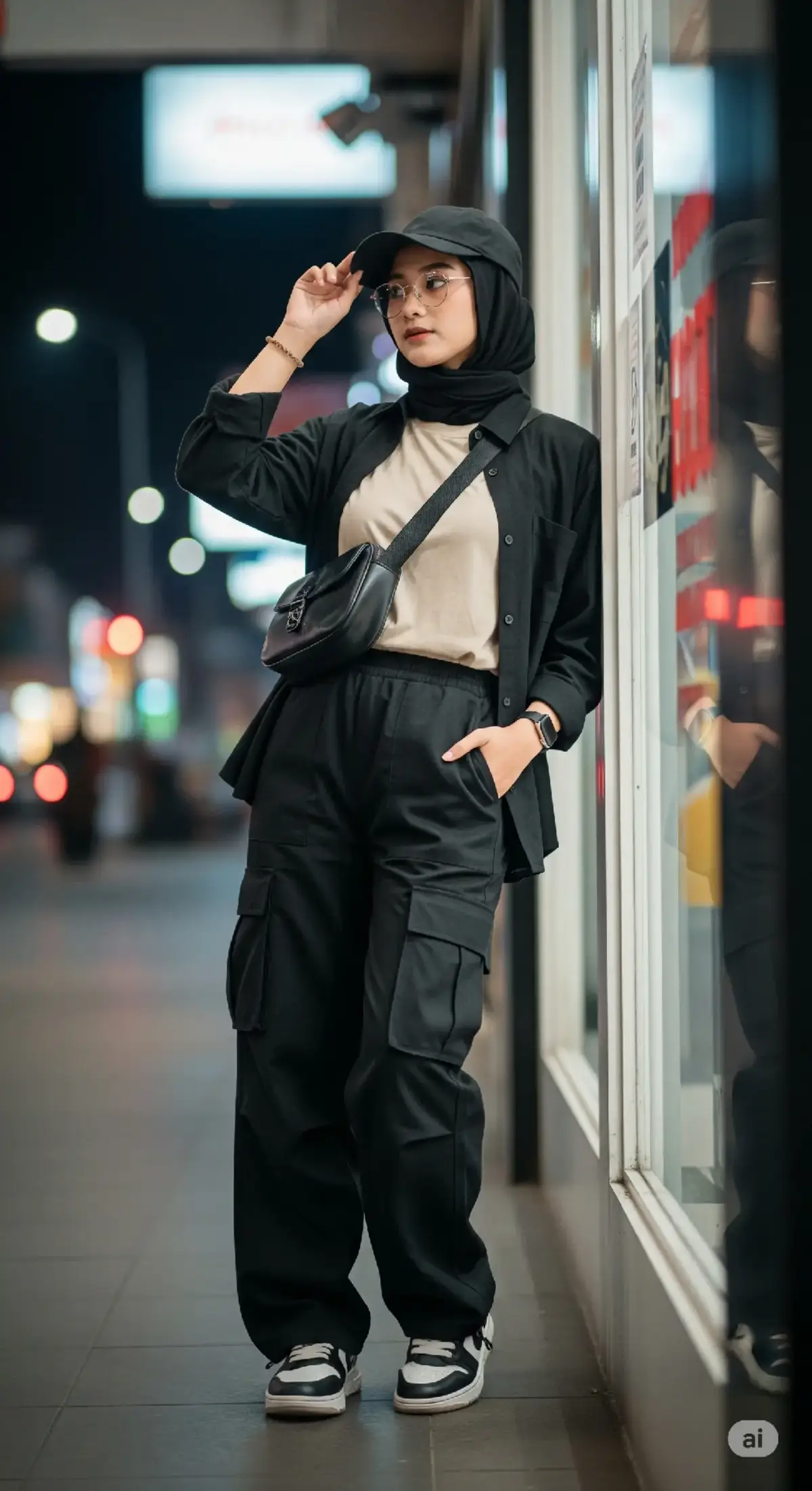 Seorang wanita Indonesia muda dan cantik berkulit cerah. Ia berhijab hitam, bergaya dengan pakaian streetwear modern duduk di kursi kayu taman dengan meja besi di atasnya ada sebungkus rokok asbak dan makanan ringan diarea pertokoan di luar ruangan pada malam hari diterangi olah lampu jalan dan neon dari toko. Ia mengenakan celana kargo hitam kebesaran dengan beberapa saku besar, kaos cream, dan kemeja luar hitam yang terbuka. Di kepalanya, topi baseball hitam dan kacamata baca, memberikan nuansa urban yang misterius. Ia membawa tas selempang kulit hitam kecil. Alas kaki: sepatu kets hitam putih tebal dengan ujung putih yang berani. Pose: expresi wajah tersenyum ceria satu tangan berpangku di dagu, tangan lainnya memegang cup gelas  plastik berisi es macha dengan logo 
