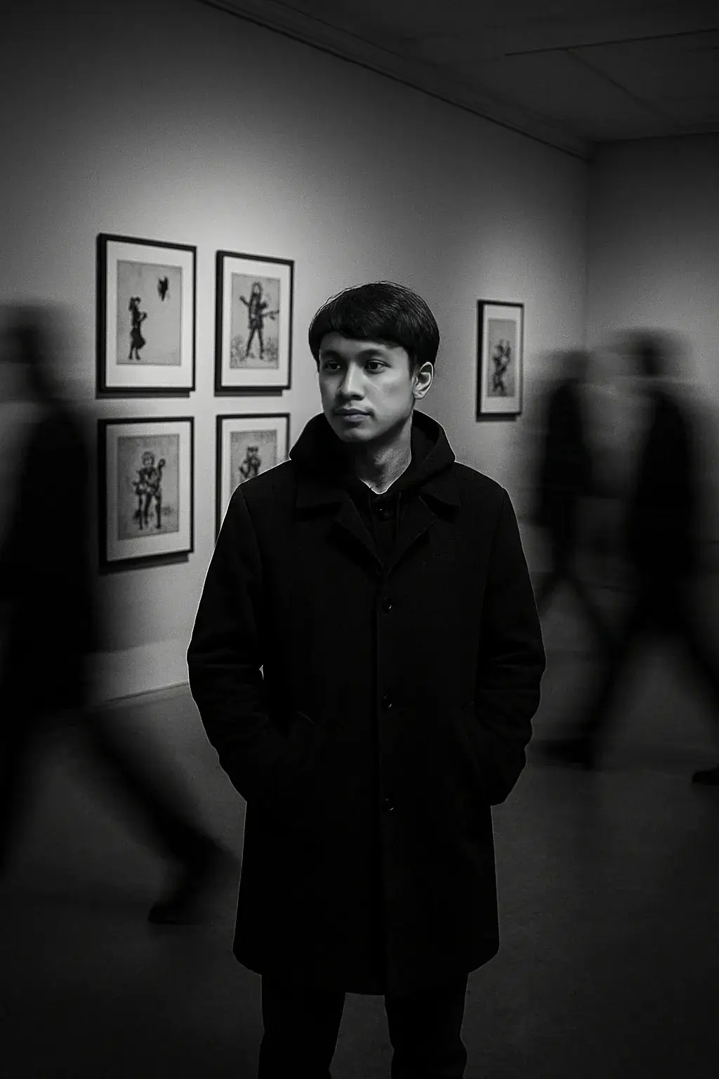 prompt: A high-contrast black and white cinematic photograph in a modern art gallery. The subject is a young man (use the reference face from the uploaded photo), captured in a candid, 