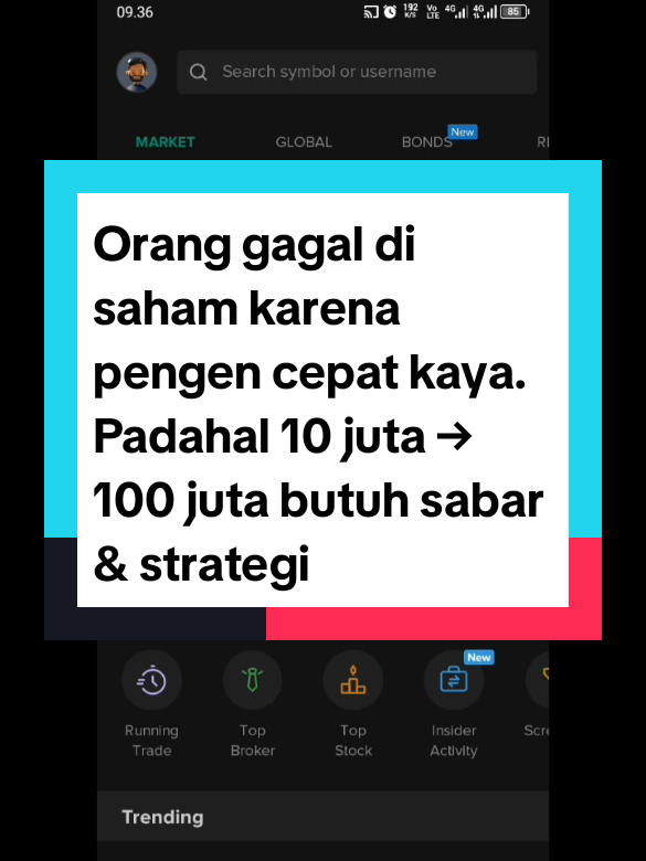 Orang gagal di saham karena pengen cepat kaya. Padahal 10 juta → 100 juta butuh sabar & strategi Target wajar: 5%-6% per 2 minggu. 10 juta + konsisten → 100 juta Rumus screner otomatis bisa membantu trader pemula untuk trading lebih asyik.