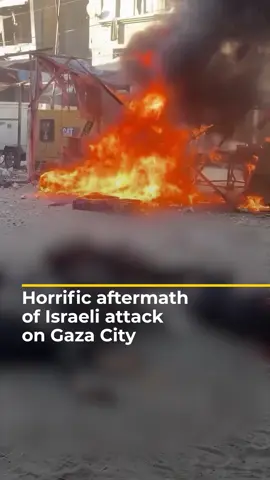Horrific scenes in Gaza City show at least two Palestinians killed and three badly wounded people clinging to life, after Israel struck a bustling street in Sheikh Radwan neighbourhood. The attack comes as Israel announced it had begun its planned offensive to seize Gaza City and displace the one million Palestinians living there. #news #Gazacity