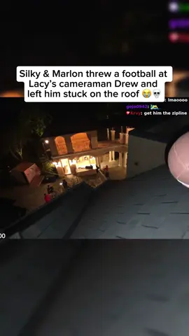 Silky & Marlon really threw a football at Lacy’s cameraman Drew and left him stuck on the roof 😭💀 #Silky #Marlon #Lacy #Drew #FaZeHouse