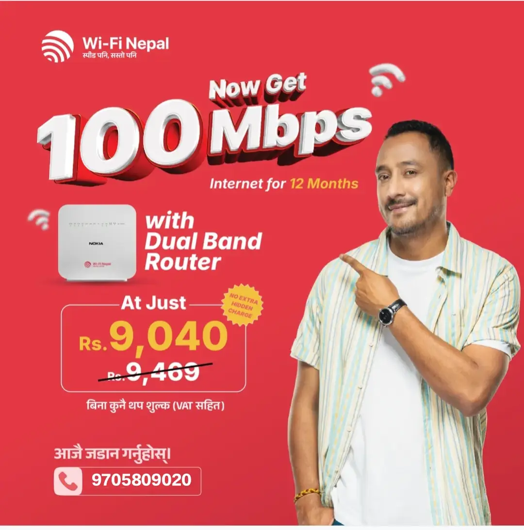 Wi-Fi नेपालको १२ महिनाको प्याकेज, १०० Mbps इन्टरनेट सेवा अब मात्र रु. ९,०४० मा जडान गर्नुहोस्।  बिना कुनै थप शुल्क, भ्याट सहित, Wi-Fi नेपाल को सस्तो र भरपर्दो फाइबर ईन्टरनेट सेवा अब झनै सस्तो!  साथै NOKIA 5GHz Dual Band राउटर पनि उपलब्ध छ।  आजै लाभ उठाउनुहोस्। थप जानकारीका लागि सम्पर्क गर्नुहोस्: Call: 9705809020 #sastopaniramropani #sastopanispeedpani #wifinepal 