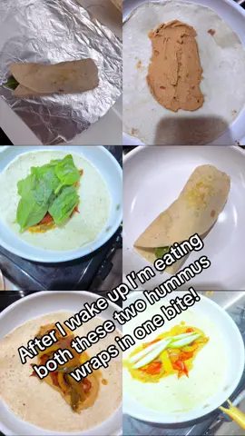 Hummus Wraps flour Tortillas, roasted spicy hummus, roasted red, yellow, orange bell peppers, roasted jalapeno peppers, roasted red onions, cucumbers, spinach salt and pepper. #tiktok #viral #tiktokfood #vegan #tiktoktrending 