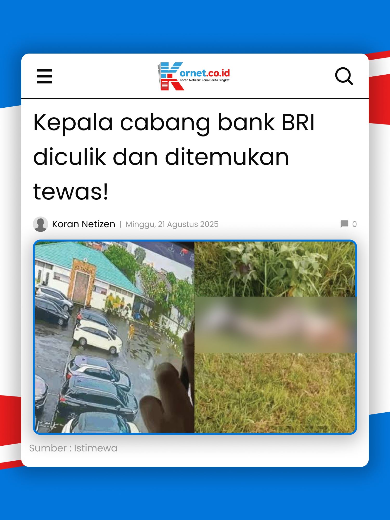 Kepala Cabang BRI Cempaka Putih, Mohamad Ilham Pradipta, ditemukan tewas setelah diduga diculik paksa di Ciracas. Polisi sudah menangkap 4 tersangka, kasus masih diselidiki. Berita Selengkapnya : https://kornet.co.id/penculikan-kepala-cabang-bri-cempaka-putih-terekam-cctv-ditemukan-tewas-di-bekasi.html #KasusBRI #BeritaKriminal #UpdateKriminal #KabarTerkini #BeritaHariIni #PolisiIndonesia #Kriminalitas