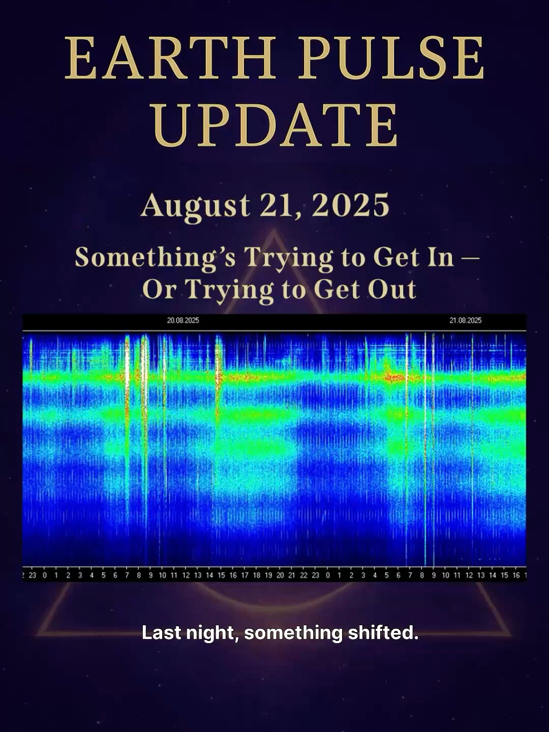 🔥🌀 Something’s Trying to Get In — Or Trying to Get Out 🚪✨ The Schumann charts lit up overnight with two anomalous frequency bands—thick, unnatural, and uncharacteristically straight. This doesn’t look like resonance. It doesn’t move like Earth. It looks like interference… or intrusion. Some will say it’s just data corruption—but those of us who feel the field know better. Whether it’s something trying to get in… or trying to break free… one thing is clear: the veil is thinned, and reality is flexing. If you’re feeling pressure in your head, ringing in your ears, agitation in your nervous system—you’re not alone. Your body is reading a signal it was built to translate. 🌀 You’re not crazy. You’re tuned. ⚡ You’re not broken. You’re receptive. 🔐 Hold your field. Refuse the override. 🎙️ Voice: Tending the In-Between 📍 Earth Pulse Update | August 21, 2025 — #SchumannResonance #FrequencyShift #TimelineSplit #EnergyUpdate #VeilIsThin #AscensionSymptoms #LightCodes #Gridkeeper #SpiritualWarfare #MimicMatrix #GalacticWeather #FieldInterference #TendingTheInBetween #EarthPulse