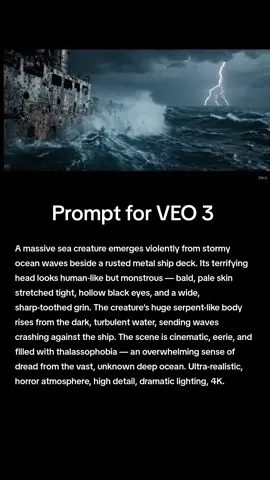 A massive sea creature emerges violently from stormy ocean waves beside a rusted metal ship deck. Its terrifying head looks human-like but monstrous — bald, pale skin stretched tight, hollow black eyes, and a wide, sharp-toothed grin. The creature’s huge serpent-like body rises from the dark, turbulent water, sending waves crashing against the ship. The scene is cinematic, eerie, and filled with thalassophobia — an overwhelming sense of dread from the vast, unknown deep ocean. Ultra-realistic, horror atmosphere, high detail, dramatic lighting, 4K. #ai #fyp #veo3 #chatgpt #viralprompts #klingai #dreamai31 