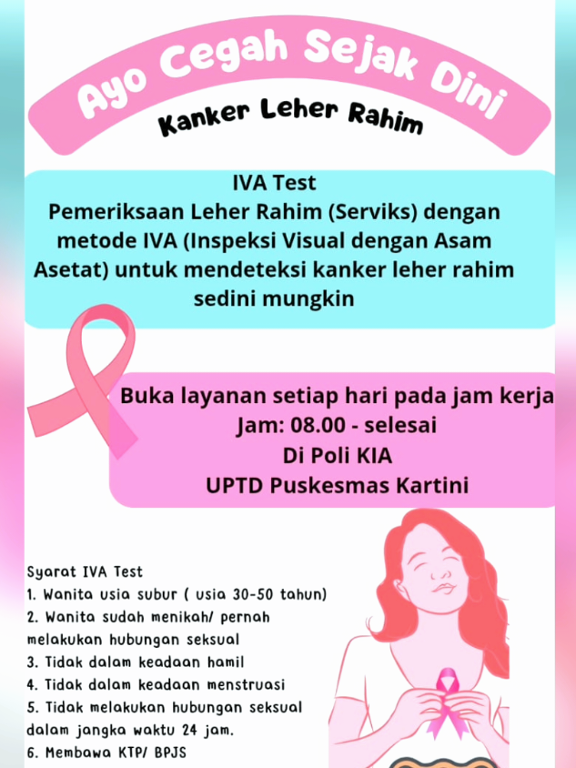 Halo Sobat Sehat. Yuk Cek IVA Test untuk mendeteksi kanker leher rahim sedini mungkin. Kita Tunggu di Puskesmas Ya !! #puskesmaskartini  #promkes  #kanker  #kankerservik s #ivatest 