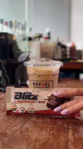A blissful combo between a latte from @Refuel Specialty Coffee and a Blitz Bar 😌  #bikesandcoffee #coffee #protein #snack 