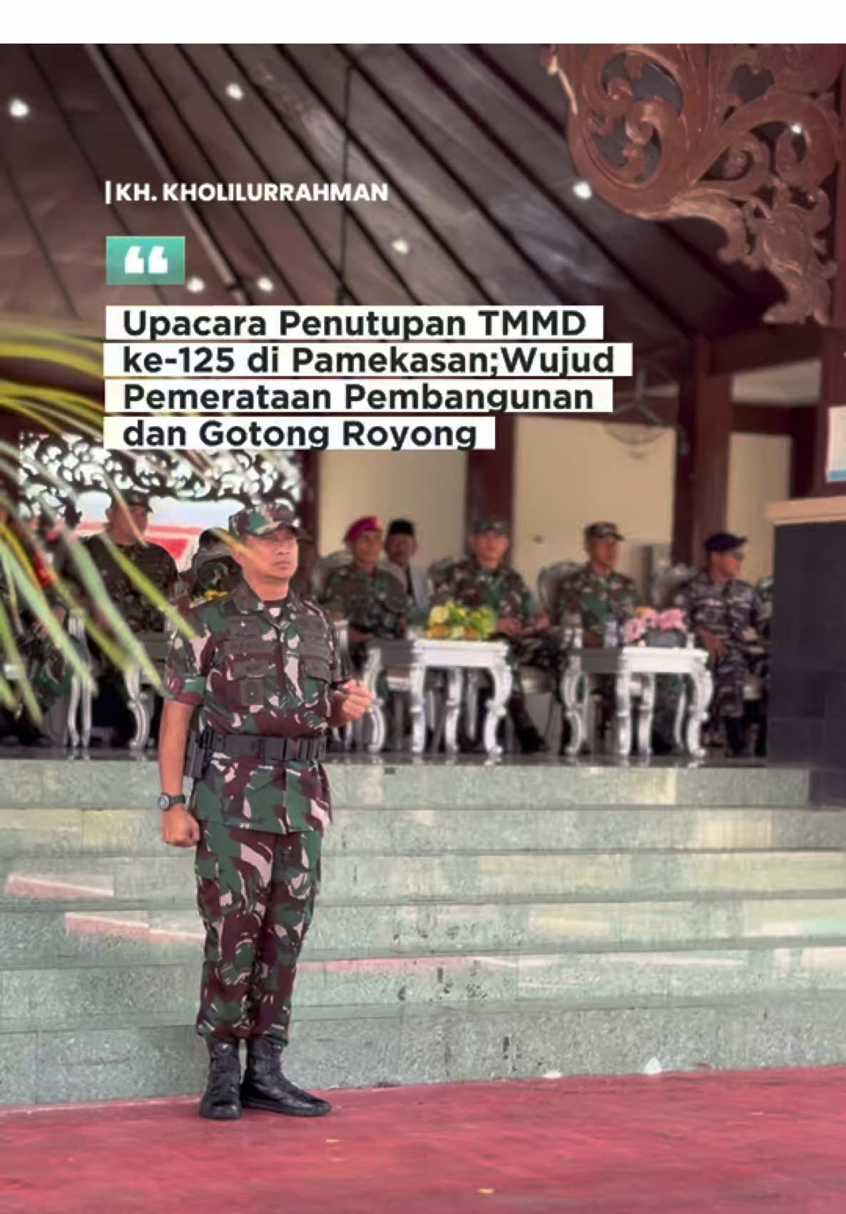 Alhamdulillah, hari ini saya berkesempatan menghadiri Upacara Penutupan TNI Manunggal Membangun Desa (TMMD) ke-125 Tahun 2025 yang digelar di Lapangan Nagara Bhakti Mandhapa Agung Ronggosukowati, Kabupaten Pamekasan. Upacara ini dipimpin oleh Danrem 084/Bhaskara Jaya, Brigjen TNI Danny Alkadrie. TMMD yang dilaksanakan sejak 23 Juli hingga 21 Agustus 2025 di Desa Kramat, Kecamatan Tlanakan, meliputi berbagai sasaran fisik, di antaranya rehabilitasi jembatan, pembangunan pipanisasi rabat beton, pavingisasi, serta rehabilitasi lima unit rumah tidak layak huni bagi masyarakat kurang mampu. Selain itu, TMMD juga melaksanakan program nonfisik berupa penyuluhan kesehatan, wawasan kebangsaan, keamanan dan ketertiban masyarakat, hingga sosialisasi tentang bahaya narkoba. Atas nama Pemerintah Kabupaten Pamekasan, saya menyampaikan apresiasi dan terima kasih kepada jajaran TNI atas kerja keras dan pengabdian dalam membangun desa serta menumbuhkan kembali semangat gotong royong di tengah masyarakat. Semoga hasil dari TMMD ke-125 ini benar-benar bermanfaat dan memberikan dampak positif bagi kesejahteraan masyarakat Pamekasan. #TMMD125 #Pamekasan #BupatiPamekasan #TNIManunggalMembangunDesa #TMMD2025