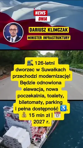 🚉 126-letni dworzec w Suwałkach przechodzi wielką metamorfozę! Powstał w 1899 roku i do dziś zachował swój historyczny wygląd z czerwonej cegły. Teraz dzięki inwestycji PKP S.A. odzyska dawny blask, a w środku powstanie nowoczesna, komfortowa przestrzeń dla wszystkich podróżnych 👩‍🦽👨‍👩‍👧‍👦. 🔹 Elewacja zostanie odnowiona pod okiem konserwatora zabytków🏛️ 🔹 W środku – nowa poczekalnia, toalety, biletomaty i elektroniczne tablice odjazdów ⏱️ 🔹 Dworzec będzie w pełni dostosowany dla osób z niepełnosprawnościami ♿ 🔹 Pojawią się nowe systemy bezpieczeństwa i ekologiczne rozwiązania 🌱💡 🔹 Wybudowane zostaną nowe miejsca parkingowe 🚗 i wiata rowerowa 🚲 Na czas remontu działa już dworzec tymczasowy obok remontowanego budynku 🏗️. 📊 Dworzec w Suwałkach obsługuje średnio ok. 700 pasażerów dziennie, a zatrzymuje się tu 11 pociągów  🚆 - zarówno dalekobieżne PKP Intercity. Pociąg do podróży  (Warszawa, Kraków, Szczecin, Mockava), jak i regionalne POLREGIO do Białegostoku. 💰 Wartość inwestycji: 15 mln zł (z budżetu państwa). 📅 Planowane zakończenie: 2027 r. 👉 Suwalski dworzec po przebudowie będzie połączeniem zabytkowego klimatu i nowoczesnej funkcjonalności ❤️🚉 #DworzecSuwałki #PKP #Podróże #Inwestycje #Infrastruktura #Transport #Kolej #Modernizacja #Podróżuj #Polska #Architektura #Historia #Rozwój #Ekologia #Travel #TrainStation #CityLife #UrbanDevelopment #SustainableTravel #Railway @Koalicja Obywatelska @Platforma Obywatelska @Polskie Stronnictwo Ludowe @Dariusz Klimczak 