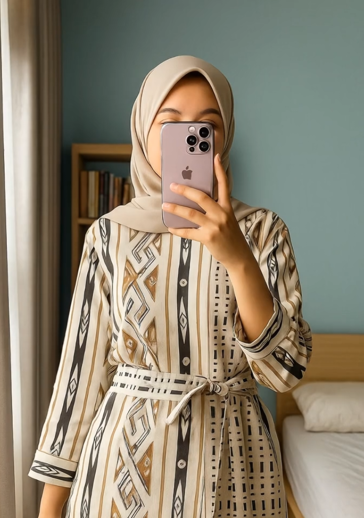 Outfit formal etnik keren buat ke kampus, kantor, atau hangout santai ✨ Blouse motif etnik + loosepants krem + hijab nude = stylish effortless vibes! Lembutnya cahaya alami buat outfit makin bersinar. Siapa yang lagi nyari set formal modern? Komentar ya! #OutfitFormal #EtnikChic #HijabStyle #LoosePantsVibes #OOTDIndonesia 