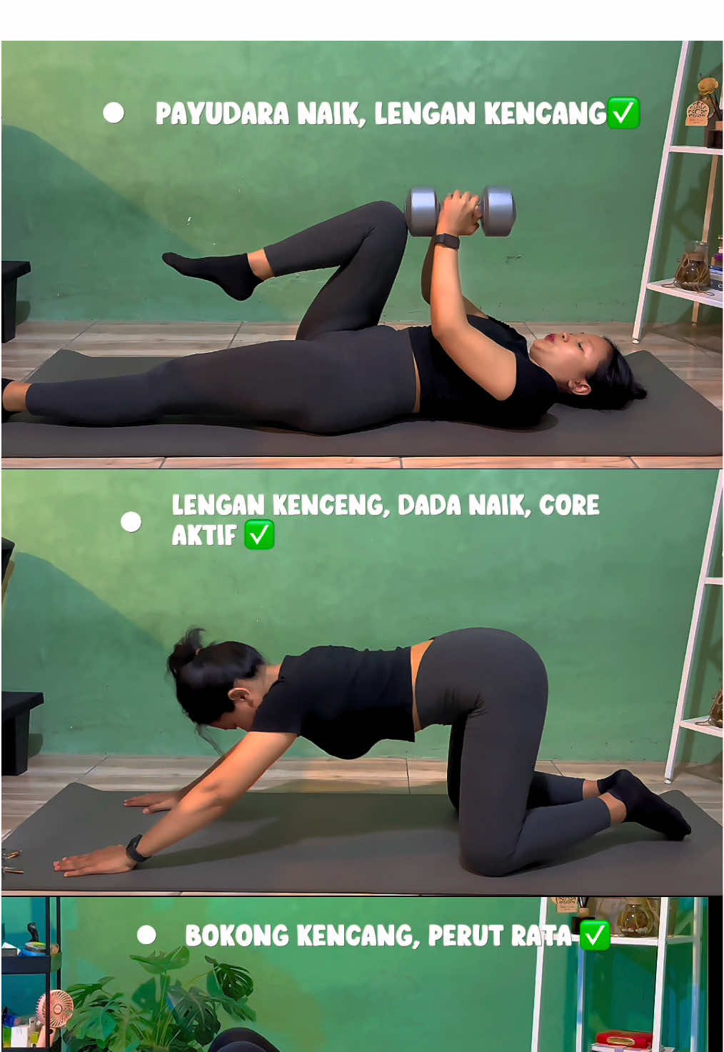 Mau coba konsisten seminggu ke depan?  Cukup 12 kali x 3 Set 🔥 3 GERAKAN WAJIB COBA  ✅ Payudara naik, lengan kencang ✅ Dada naik, core aktif ✅ Bokong kencang, perut rata Cuma butuh 10 menit sehari, tanpa alat ribet. #olahragadirumah #cewekmagerhomeworkout #sehat 