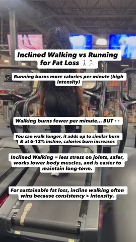 Running & Inclined Walking 🏃🏾‍♀️🚶🏾‍♀️ BOTH help with fat loss, but the best choice is the one you can do consistently. For many people, incline walking wins because it’s effective and joint-friendly.  🏃🏾‍♀️ Running • High calorie burn per minute • Builds endurance fast • High impact = harder on joints & recovery 🚶🏾‍♀️ Incline Walking (6–12% incline) • Burns nearly as many calories (especially at longer durations) • Activates glutes, hamstrings, calves & core • Low impact → joint friendly • Easier to stick with consistently Which do you prefer — running or incline walking? 👇🏾 F// @channy.fit for more tips💡 #runningvswalking #Running #gyminspiration #gymtips #treadmillworkout #fatlosstips #gymmotivation #Fitness #exercisemotivation #toneitup #workout #gymgirl #gym #explorepage #trytheseexercises #cardiotime #ﬁtnesstips#LIVEIncentiveProgram #GoLIVEGrowFast #PaidPartnership 