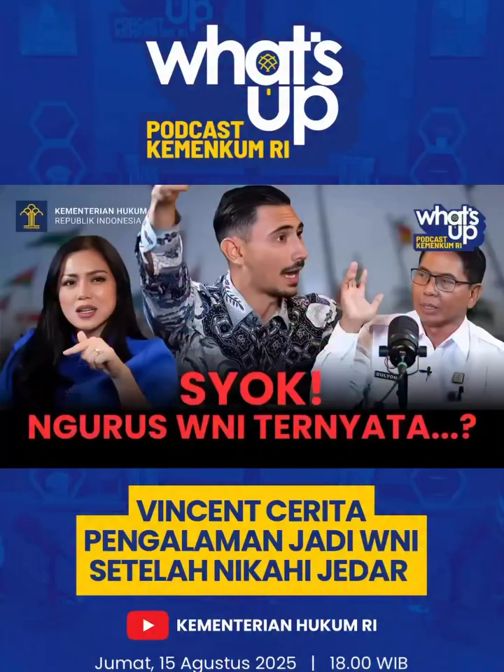 Vincent Verhaag dan Jessica Iskandar berbagi cerita tentang perjalanan Vincent untuk jadi Warga Negara Indonesia (WNI). Ia bercerita bahwa proses naturalisasinya melalui jalur pernikahan (Pasal 19) ternyata sangat mudah, cepat, dan sudah digital. Episode ini membahas: - Proses naturalisasi Vincent yang hanya memakan waktu kurang dari dua bulan. - Perbedaan proses naturalisasi melalui pernikahan (Pasal 19) dan jalur lainnya - Tantangan yang dihadapi Vincent sebelum menjadi WNI, termasuk kesulitan memiliki aset - Makna dan kualitas utama yang harus dimiliki seorang WNI - Transformasi digital Kementerian Hukum untuk membuat layanan hukum makin mudah ✨ Simak obrolan selengkapnya di Podcast What’s Up Kemenkum ✨ 📺 Watch full on : Youtube @kemenkum https://youtu.be/jfSt7i0Yhog 📌 Jangan lupa like, komen, dan subscribe untuk konten inspiratif lainnya #KementerianHukum #LayananHukumMakinMudah #Kewarganegaraan #AHU #ABG #WNI #PodcastHukum #WhatsUpKemenkum #Naturalisasi #MixMarriage #NikahBedaWargaNegara #TransformasiDigital #VincentVerhaag #JessicaIskandar #VincentJedar